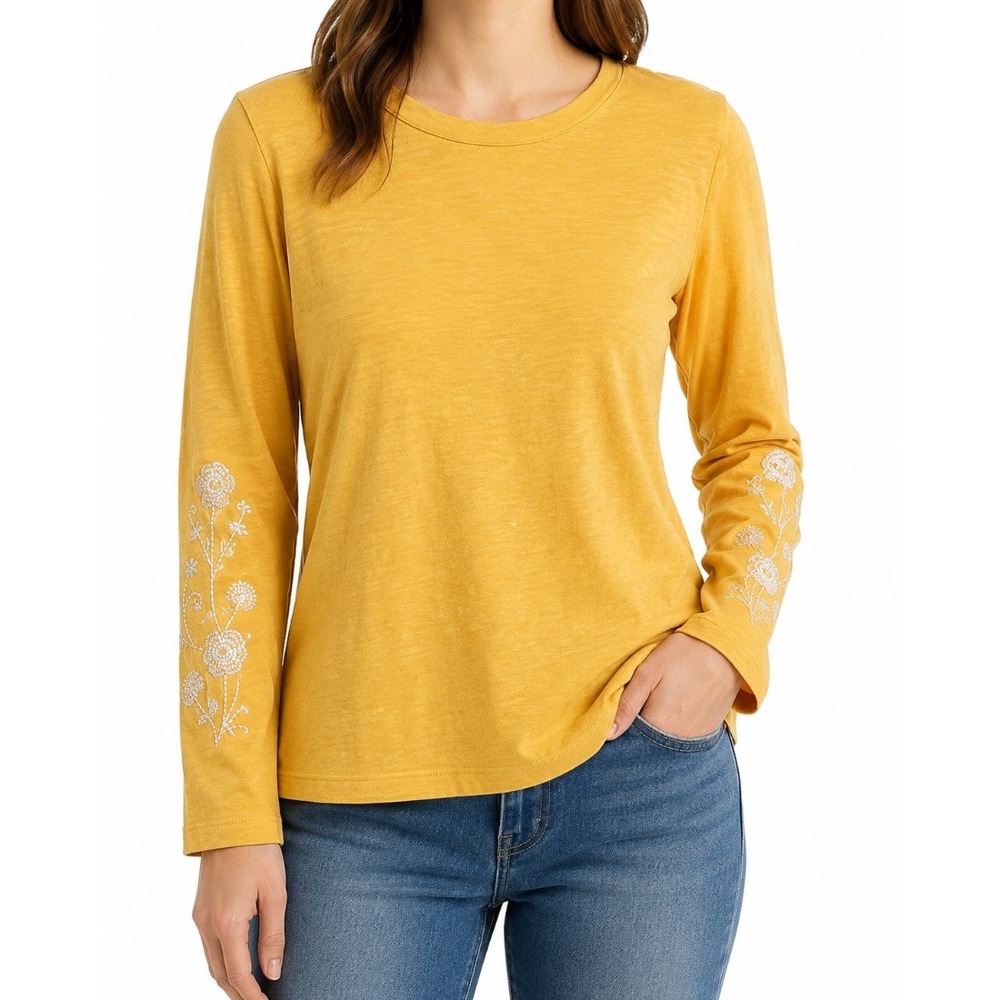Susan Graver Weekend Womens Long Sleeve Top Yellow Floral Embroidered Cotton S